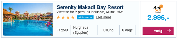 Serenity Makadi Bay Resort i Hurghada fra Billund - 2.995,-