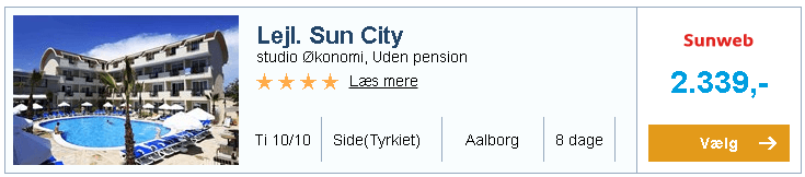 Lejlighed Sun City i Side (Tyrkiet) i oktober fra Aalborg til kun 2.339,-